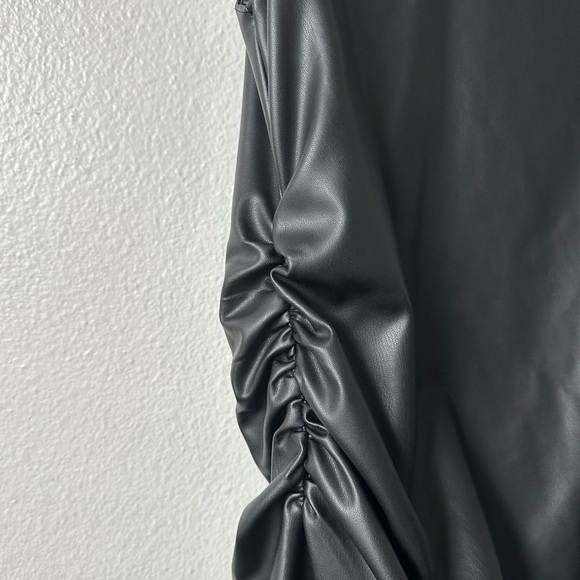 ZARA Black Faux Leather Assymetric Sleeveless Cinched Medium Dress BNWT - Picture 4 of 12